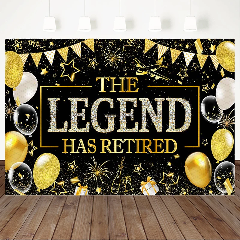 Mocsicka The Legend Has Retired Backdrop Black Gold Glitter Retirement Party Photography Background Celebration Props Photobooth