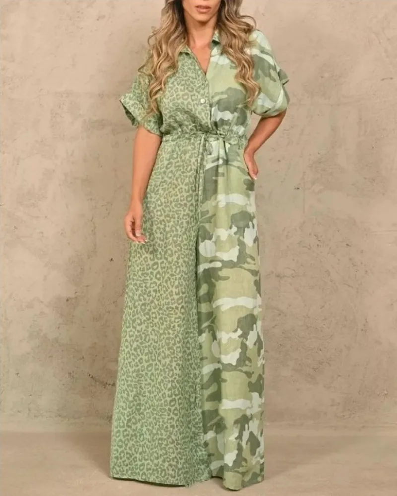 Macacão de camuflagem com estampa leopardo feminino, sem mangas, solto, pernas largas, moda feminina, novo, primavera, verão