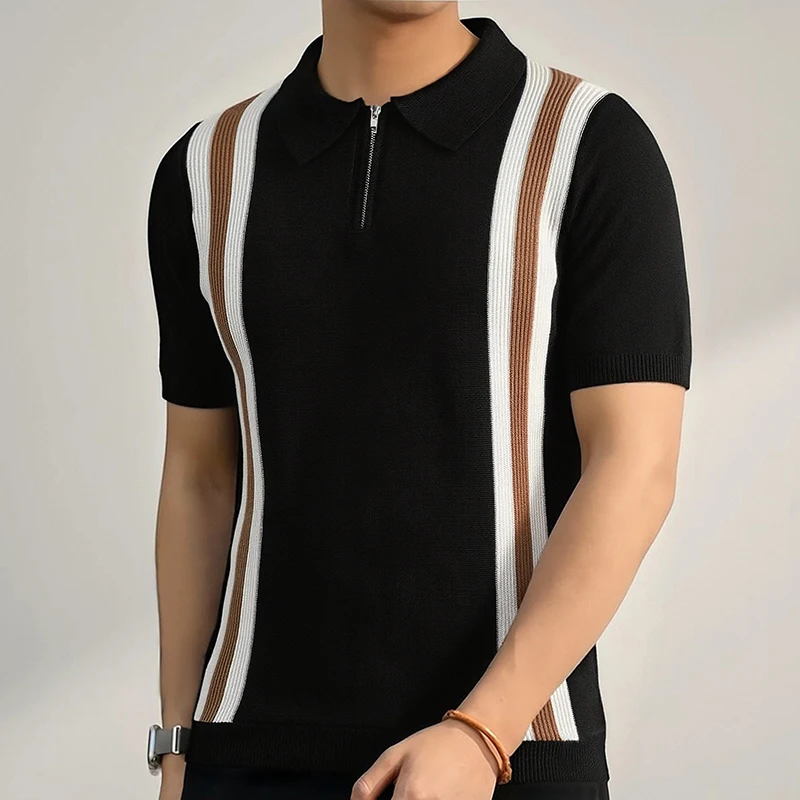 CHCH Men's Short Sleeve British Street Style Hollow Design Men's Short Sleeve Splicing Half Zipper Design Men's Short Sleeve