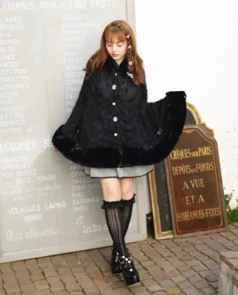 2024 Japanese Autumn and Winter Sweet Soft Waxy Thick Double-Layer Big Bow Pearl Mouth Warm Hooded Knitted Black Cape For Girl