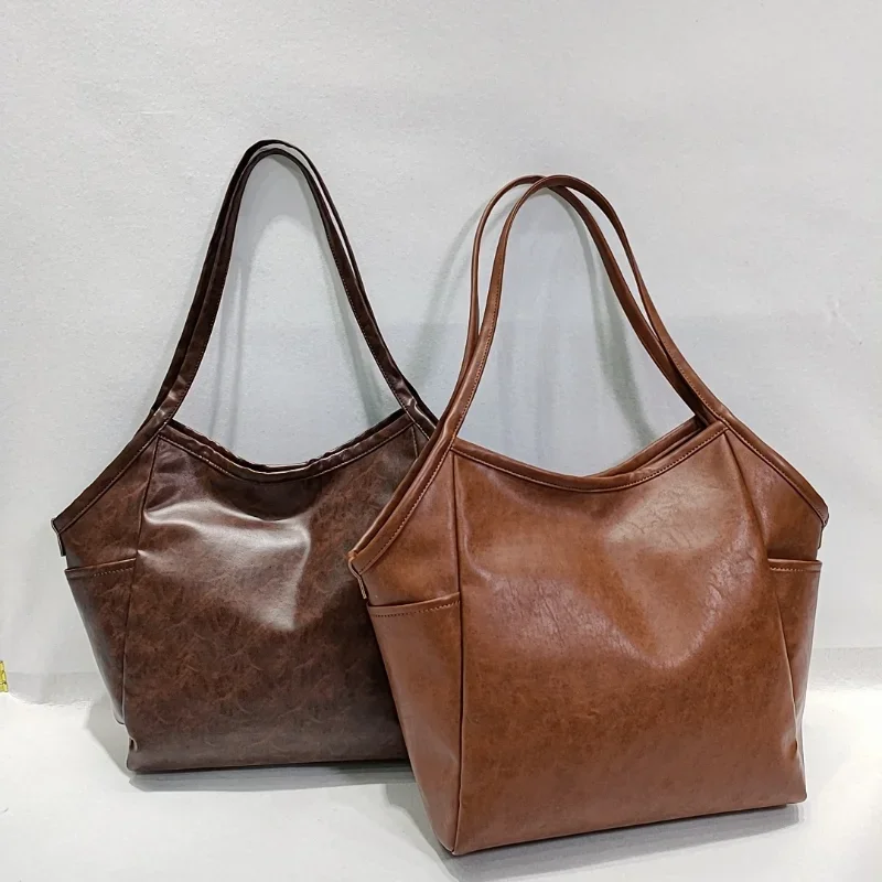 

Autumn Winter Vintage Oil Wax Skin Leather Tote Bag For Women High Quality Soft Large Capacity Shoulder Bag Female Shopper Bag