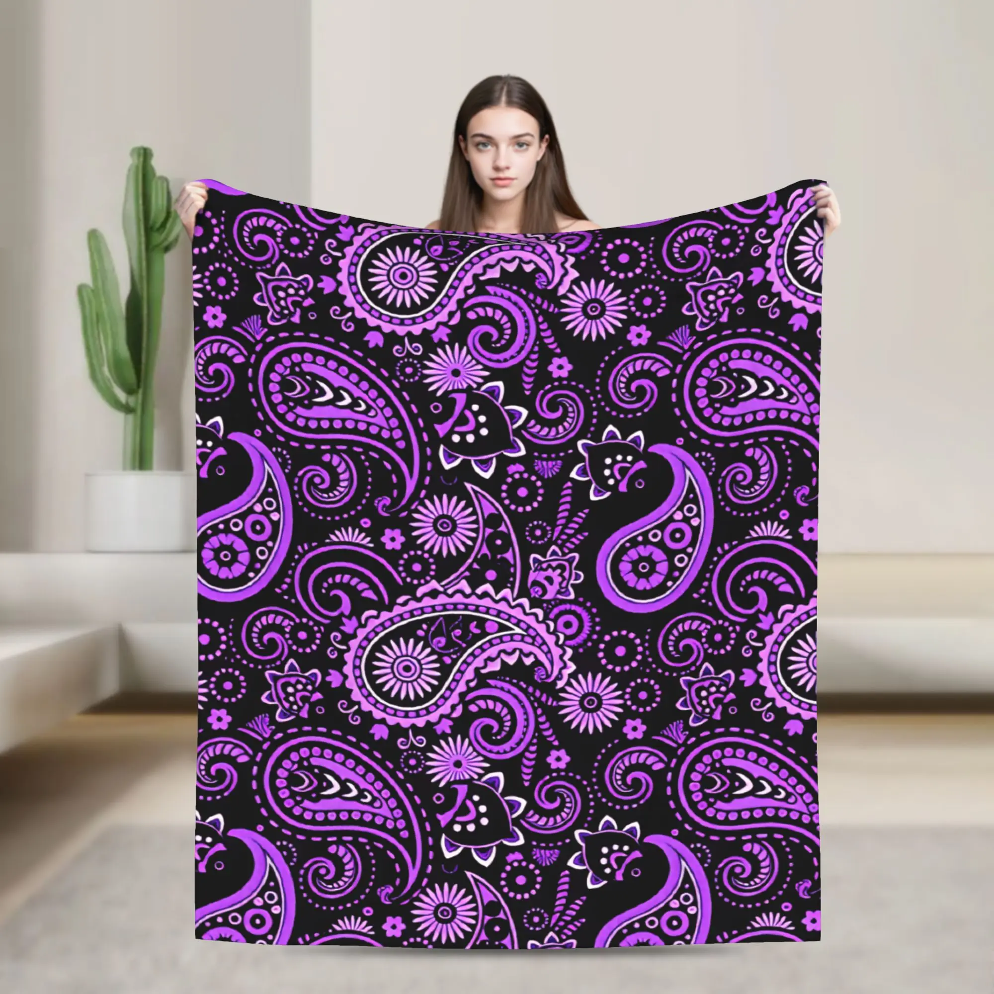 Purple Paisley Fish Floral Seamless Pattern Black Background Blanket Soft Cozy  Throw Blanket Spring Bed Travel Bedspread