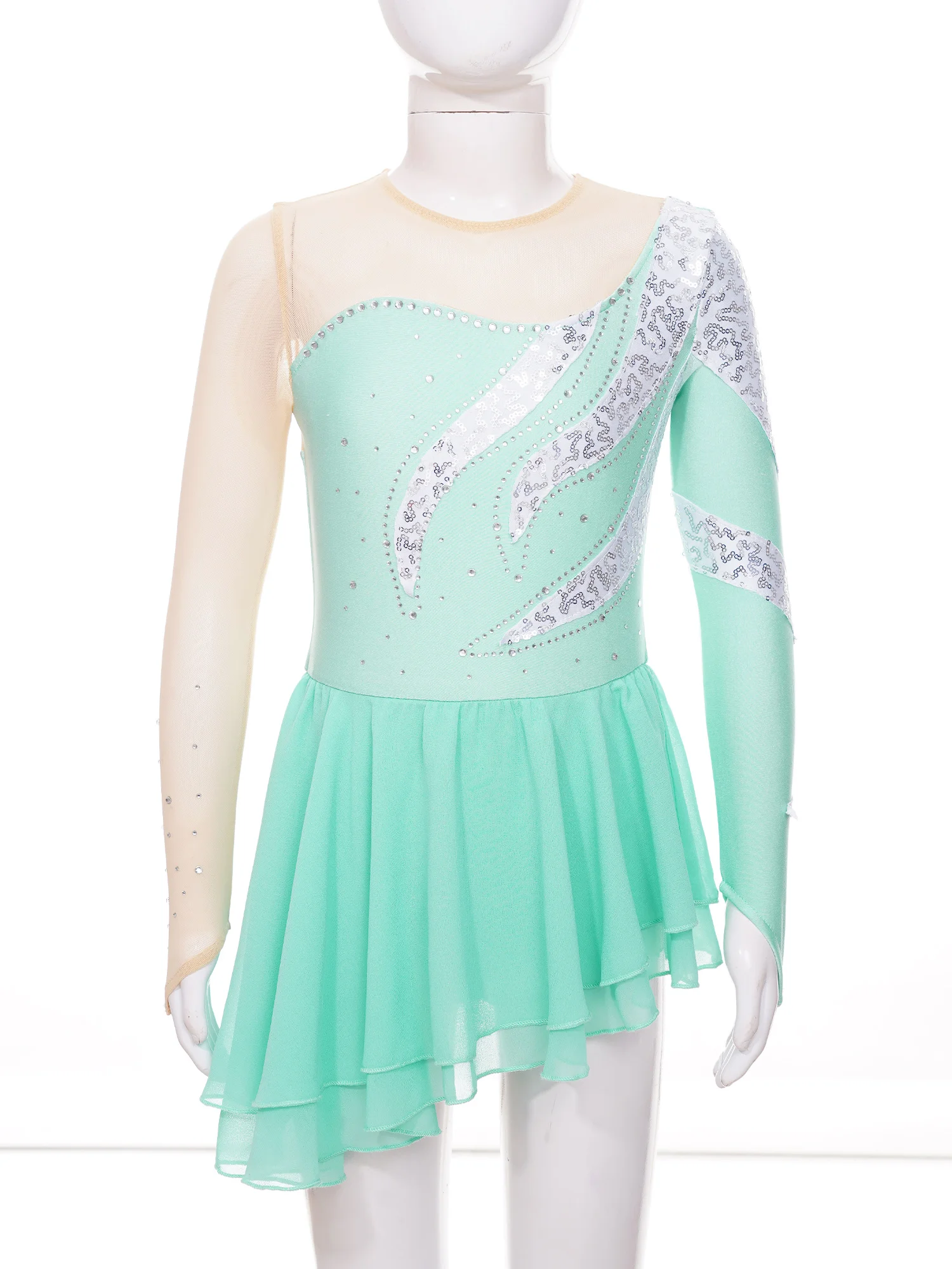 Kids Girl Figure Skating Performance Dress Ballet Rhythmic Gymnastics Leotard Tutu Long Sleeve Shiny Sequin Sheer Mesh Dancewear