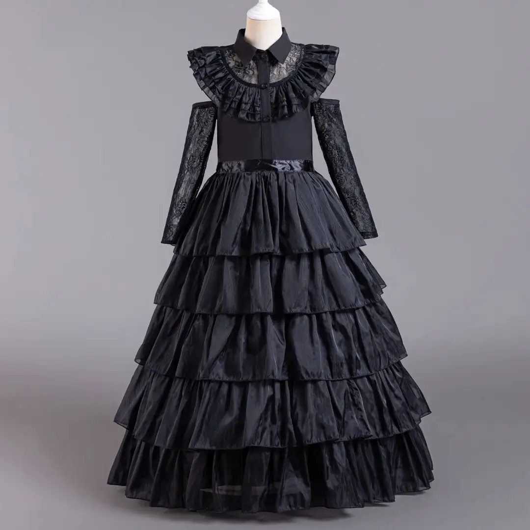 

Kid Wedding Long Sleeve Black Princess Dress Birthday Evening Christmas Party Dress For Children Girls