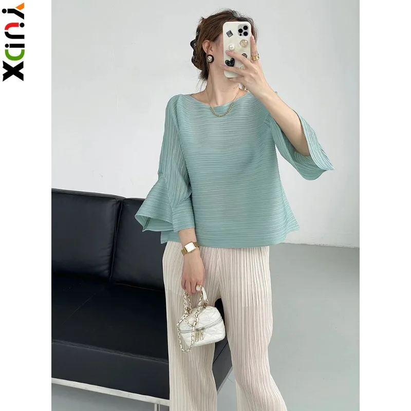 

YUDX Pleated T-shirt For Women O-neck Flare Sleeves Solid Color Casual Tops Versatile 2024 Summer New Clothing