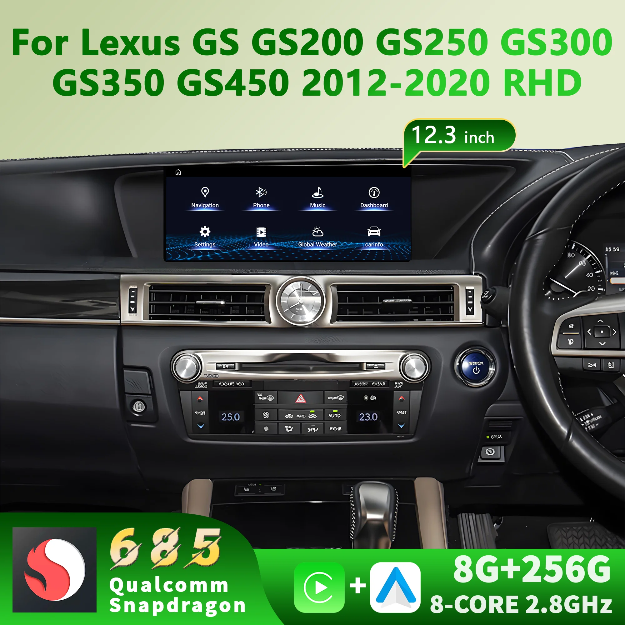 12.3'' 12.3 inch Right Hand Drive Android 14 For Lexus GS GS200 GS250 GS300 GS350 GS450 2012-2020 Snapdragon 680 Radio Carplay S