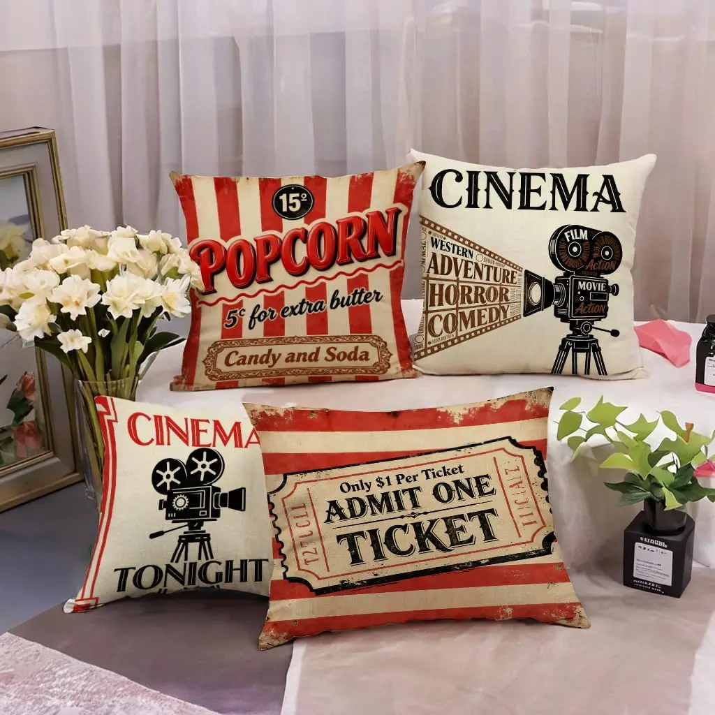 4PCS Vintage Cinema Pillow Case Popcorn Movie Ticket Cushion Cover Retro Film Camera Print Home Theater Decor, Sofa Throw Pillow