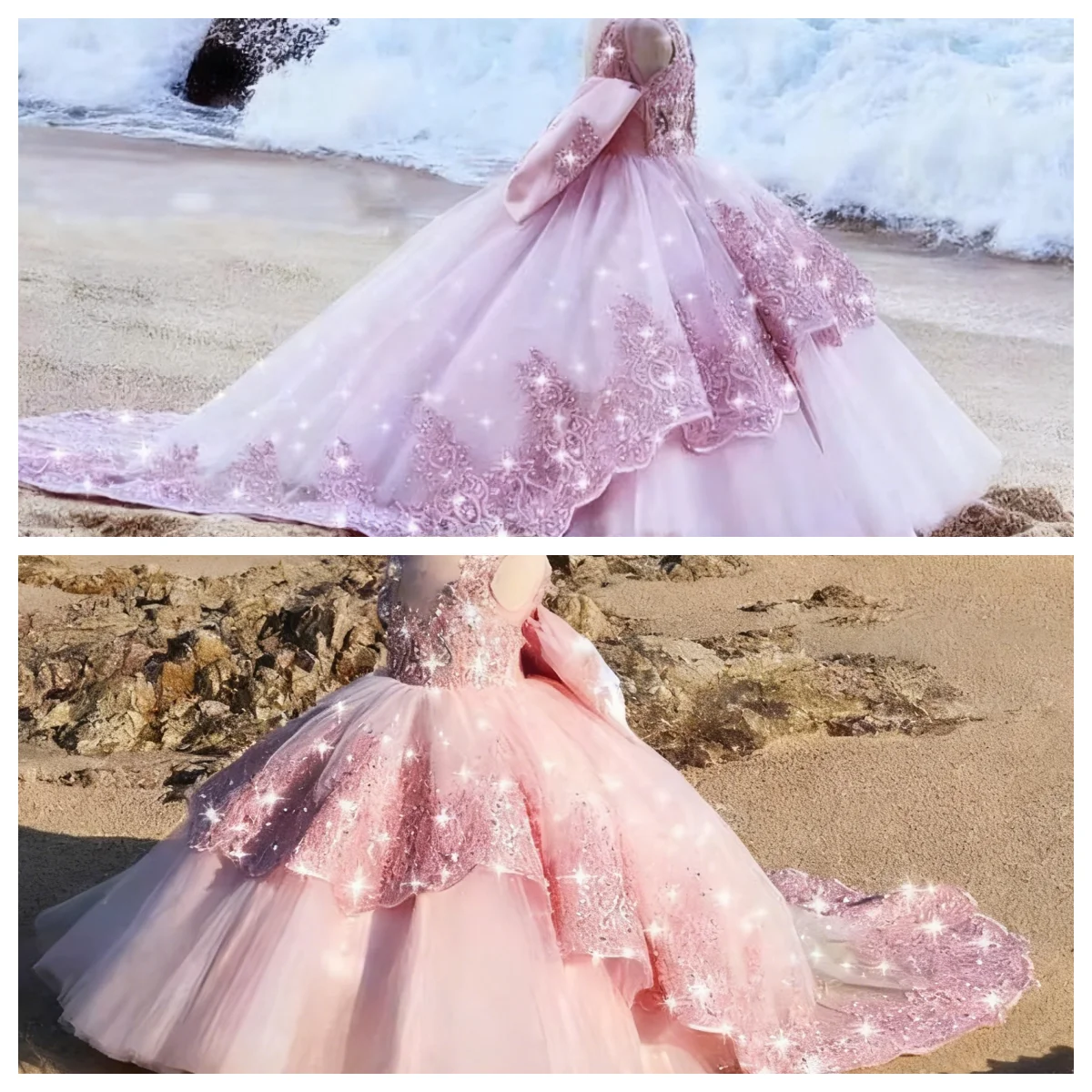 Gorgeous Pink Flower Girl Dress Puffy Tulle Skirt Appliqué Large Bow Long Train Birthday Party Dress for Little Girls