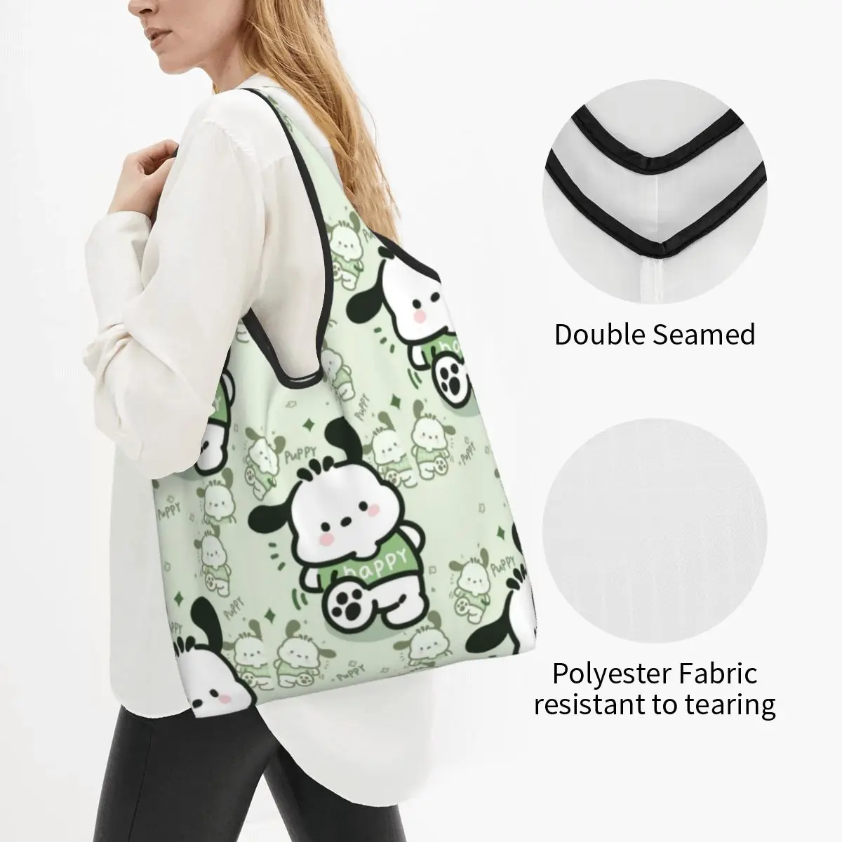 Custom Pochacco Sanrio Cartoon Groceries Shopping Tote Bags Women Cute Shopper Shoulder Bag Big Capacity Handbags