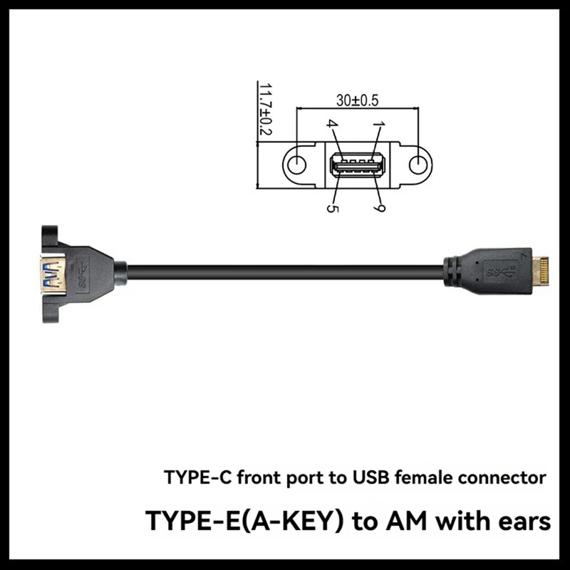Top-USB 3.2 Gen2 Front Panel Screw Mount Extension Cable 10Gbps 20Pin TYPE-E To USB3.2 TYPE-A Female Connector Extensor