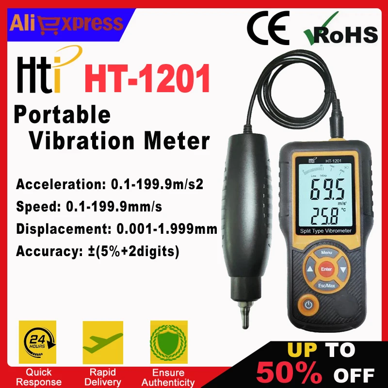 HTI HT-1201 Portable LCD Vibration Analyzer Tester Meter Vibrometer Gauge 0.1-199.9m/s Digital Split Type Vibrometer