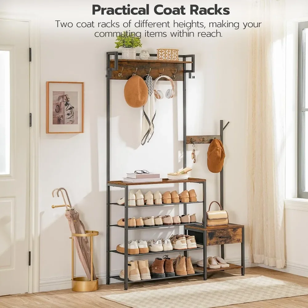 Hall Tree, Entryway Coat Rack Shoe Bench, Shoe and Coat Rack for Entryway, Hall Tree Coat Rack, with Non-Woven Fabric Drawer