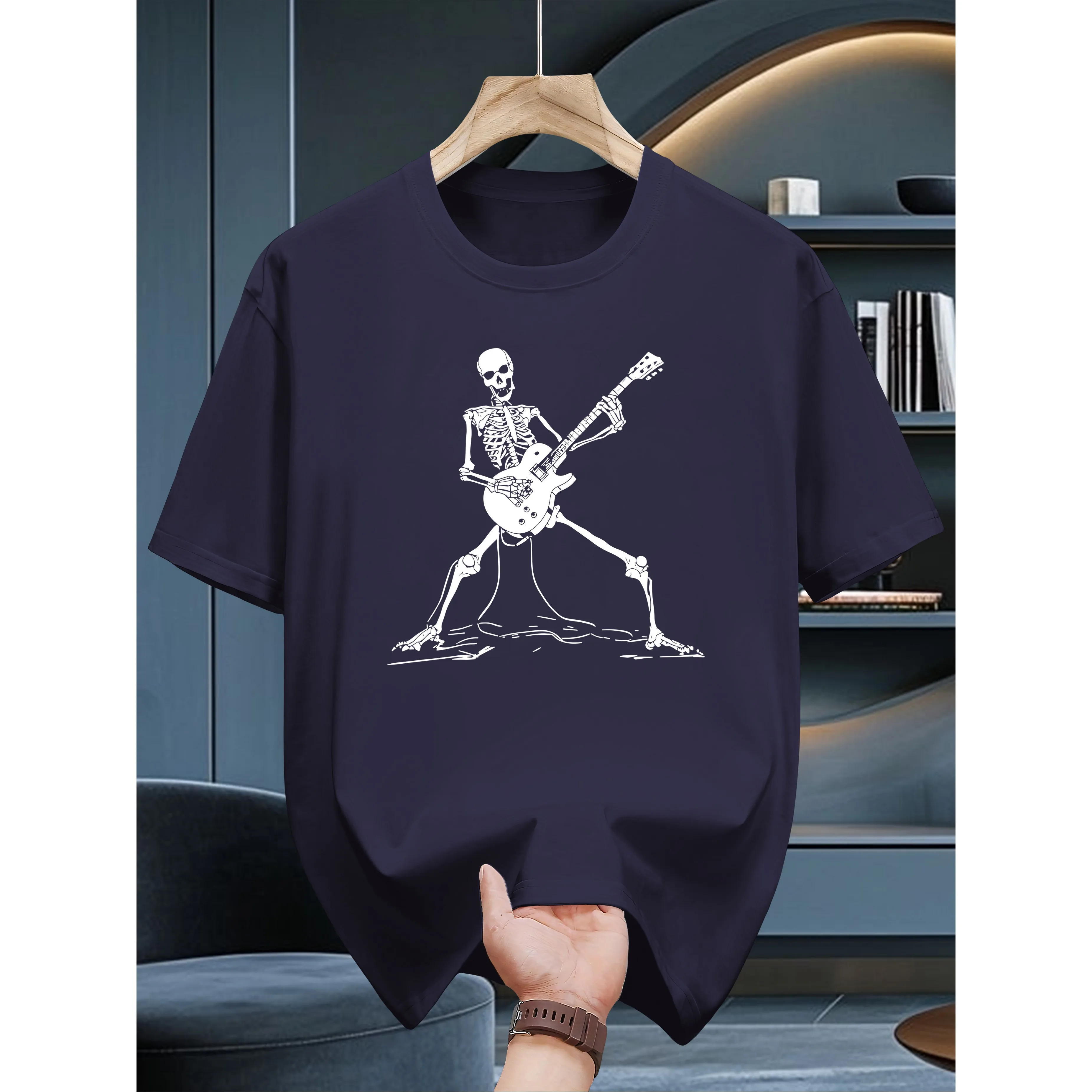 Skeleton Rocking Guitar Graphic Tee Premium Breathable Short Sleeve Casual T-Shirt Daily Wear