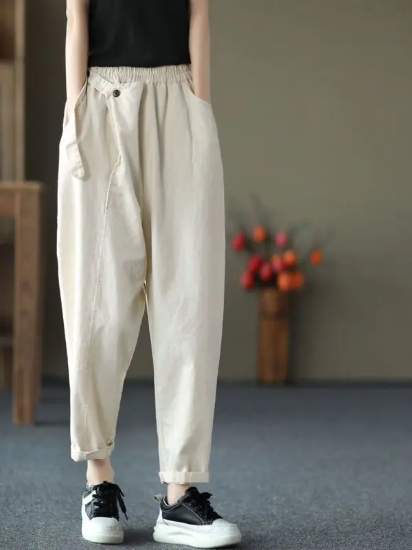 

Летние женские брюки из чистого хлопка с высокой талией, прямые, повседневные, удобные, с эластичным поясом, в стиле харем