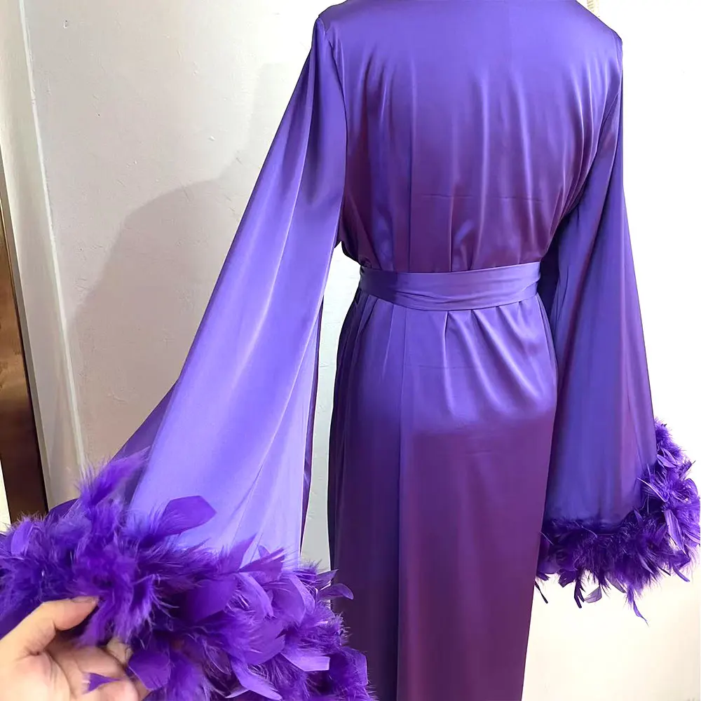 Luxury Purple Feather Robe Bride Kimono Long Boudoir Robe Wedding Floor Length Maxi Dressing Gown Bridesmaid Silk Satin Robe New