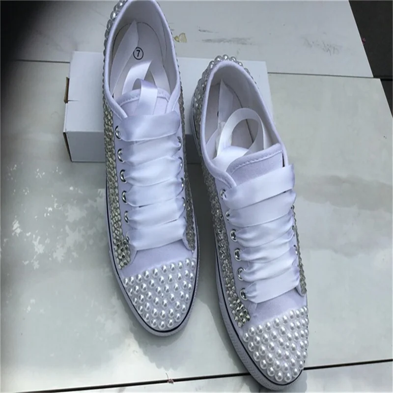 Explosive white pearl rhinestone fashion shoes all match canvas shoes heavy industry comfortable banquet street clapper shoes