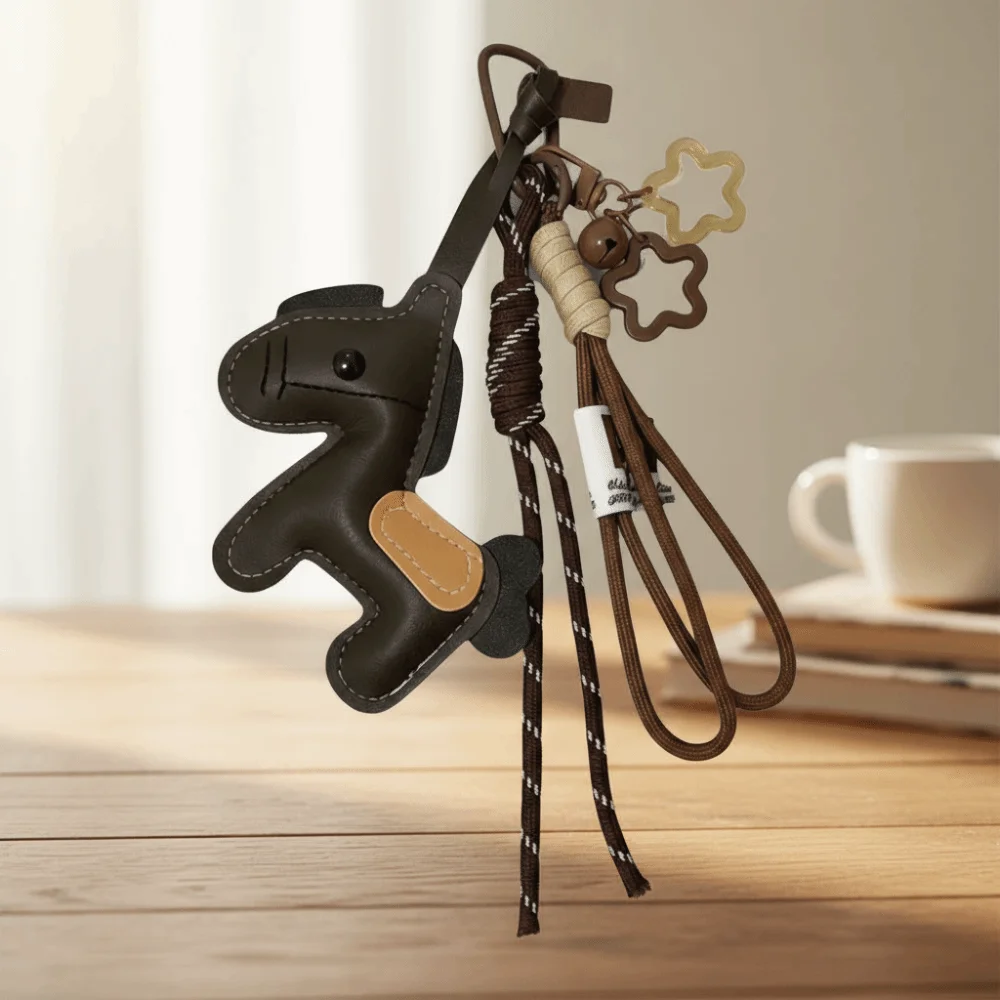 Cartoon Design Leather Pony Bag Charm Vintage Style Lightweight Design Pony Keychain Braided Nylon Rope Hanging Rope Bag Pendant