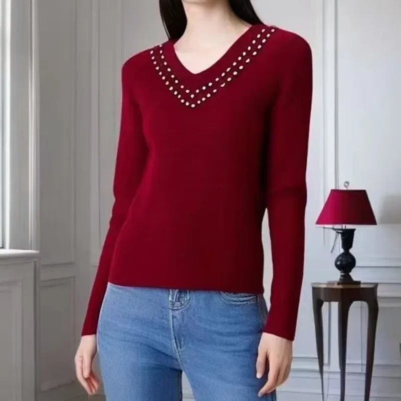 البلوزات الديكور الخامس الرقبة محبوك سترة المرأة البلوفرات جديد أبيض كم طويل متماسكة سترة البلوز النساء بلايز تريكو Q1796 #2