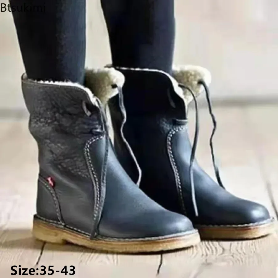 

2024 Women's Casual Warm Snow Boots Winter Retro Ladies' Martin Boots Plush Lace Up Flat Ankle Boots Zapatos De Mujer Warm Botas