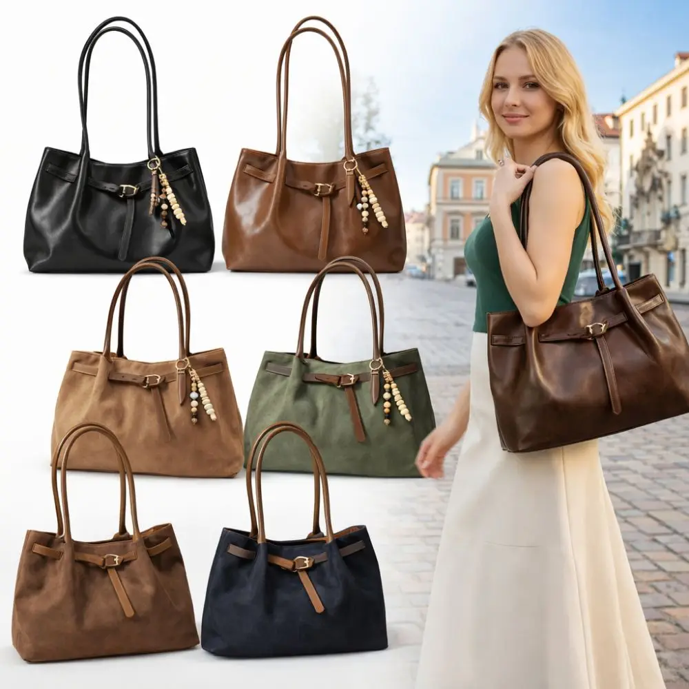 Suede/PU Leather Shoulder Bag Elegant Large Capacity Handbag Retro Solid Color Commuting Tote Bag School/Travel/Work