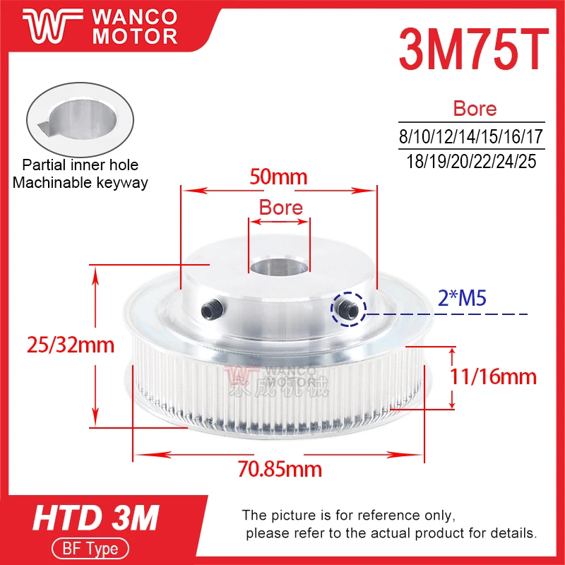 HTD 3M Timed Pulley BF Type with 75T 80T 90Teeth Bore 8-25mm Belt Width 10/15mm for Belt Drive System