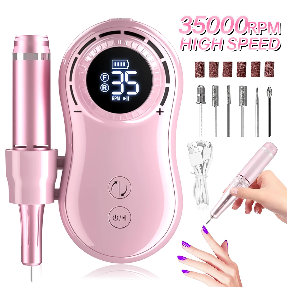 

35000RPM Nail Drill Machine Professional Nail Sander Rechargeable Portable Electric Nail File for Manicure Acrylic Gel Nails