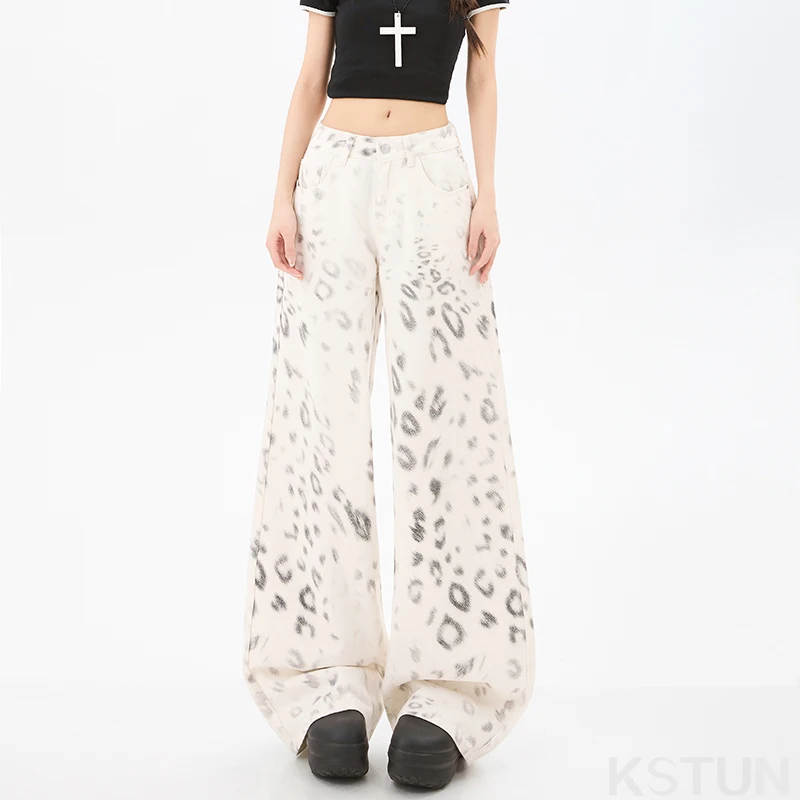 KSTUN 2026 Wide Leg Jeans For Women 100% Cotton Personalized Printing Design Baggy Pants Loose Fit Long Trousers Spring Trendy