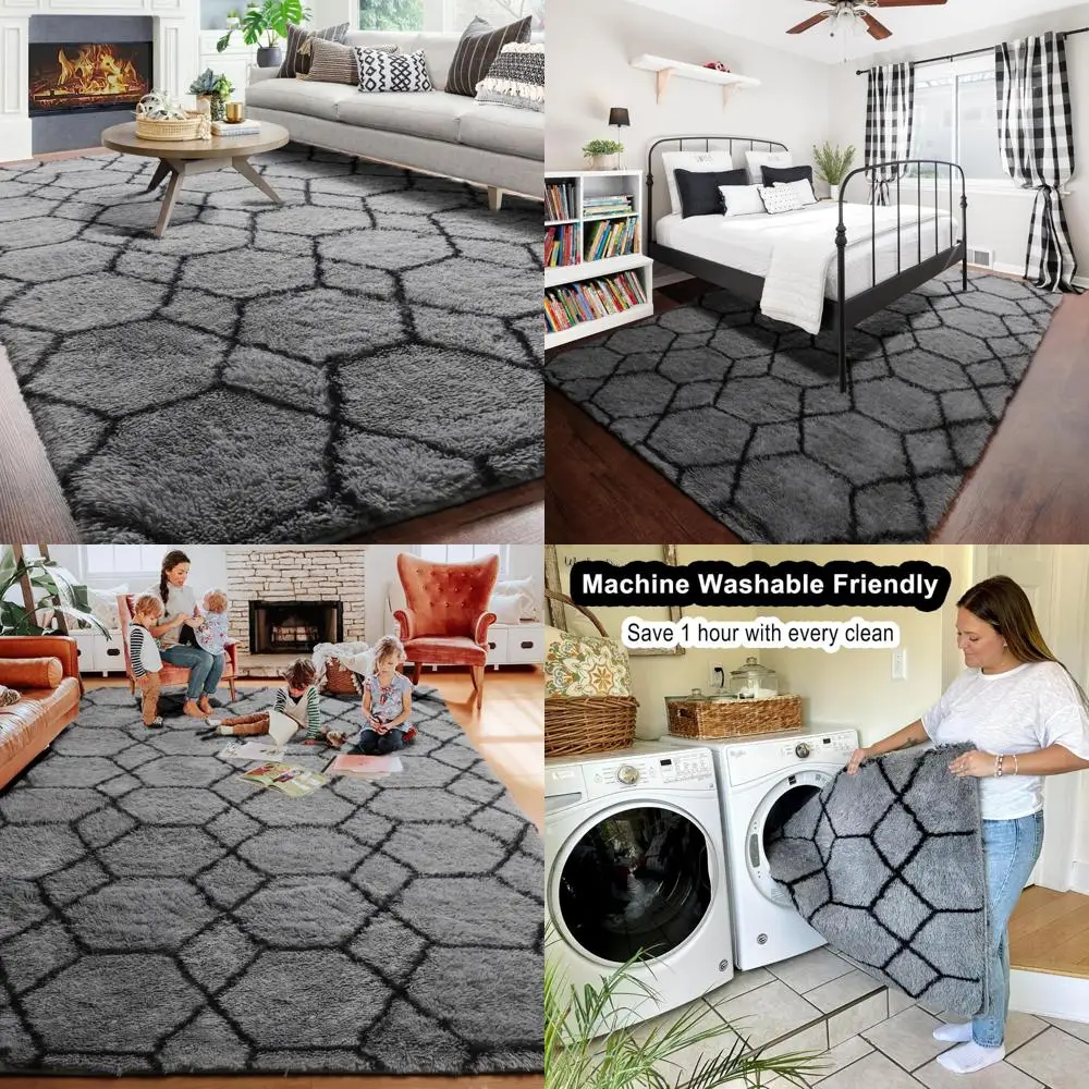 

ONASAR 6x9 Area Rugs for Living Room Bedroom, Washable Large Fluffy Grey and Black Throw Rug, Geometric Soft Plush Shaggy Fuzzy
