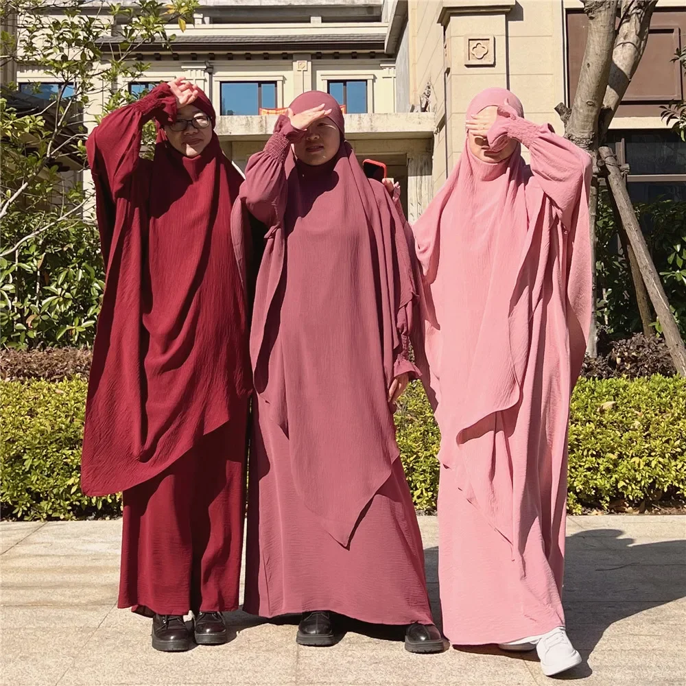 Prayer Dress Crepe 2 Piece Set Muslim Women Long Sleeves Abaya Dress+Two Layers Khimar Hijab Scarf Islamic Clothing Robe Dubai