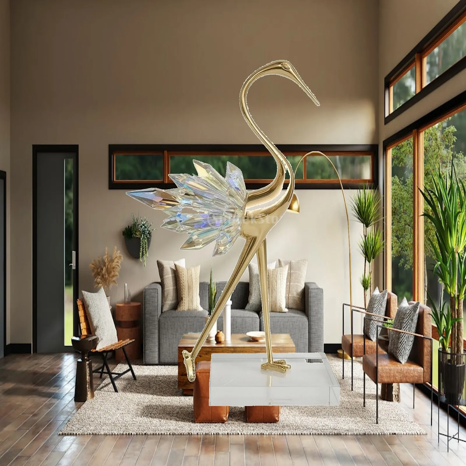 Artistic Gold Crane Figurine Crystal Bird Decoration for TV Cabinet Entryway Table