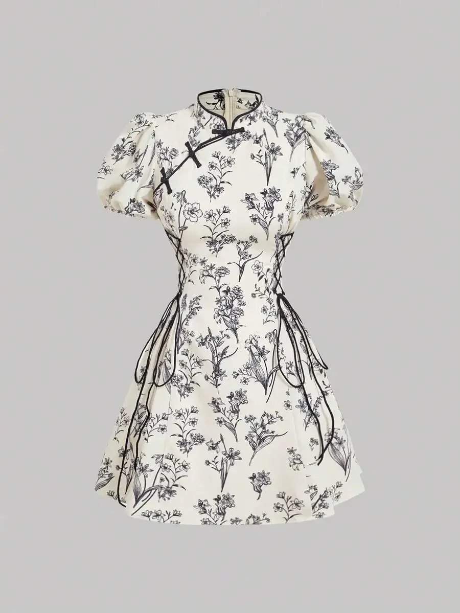 

Black And White Floral Chinese Style Puff Sleeve Cinched Waist Short Dress For Women