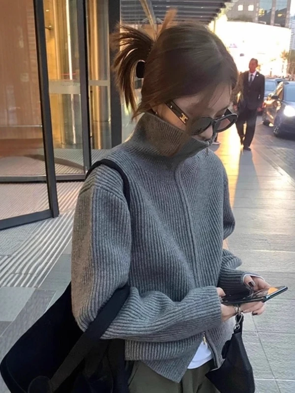 

Серый утолщенный вязаный свитер с высоким воротником, женский, новинка ранней весны 2026, с двойной молнией, повседневная верхняя одежда, куртка