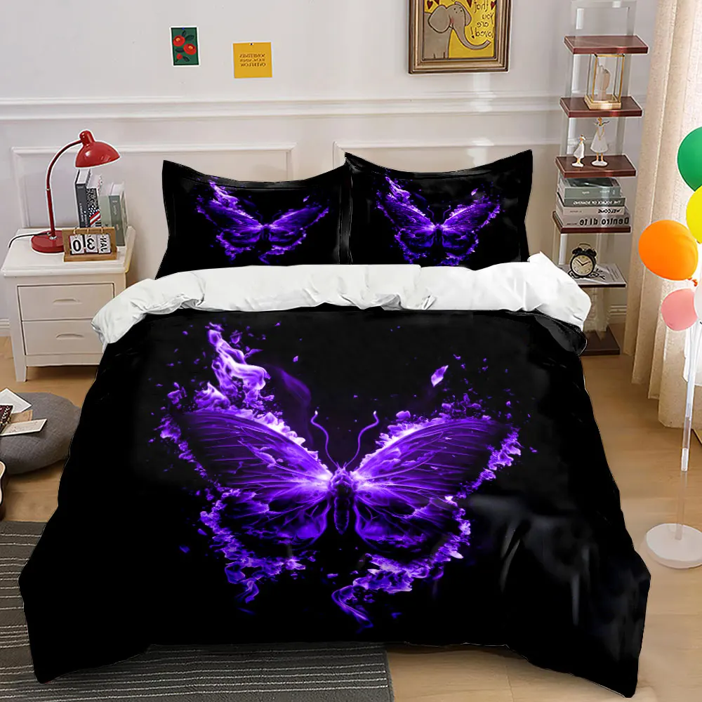 Purple flaming butterfly in flight Bedding Set for Kids Luxury Gift 3pcs Digital Print Comforter Set Soft Comfortable Breathable