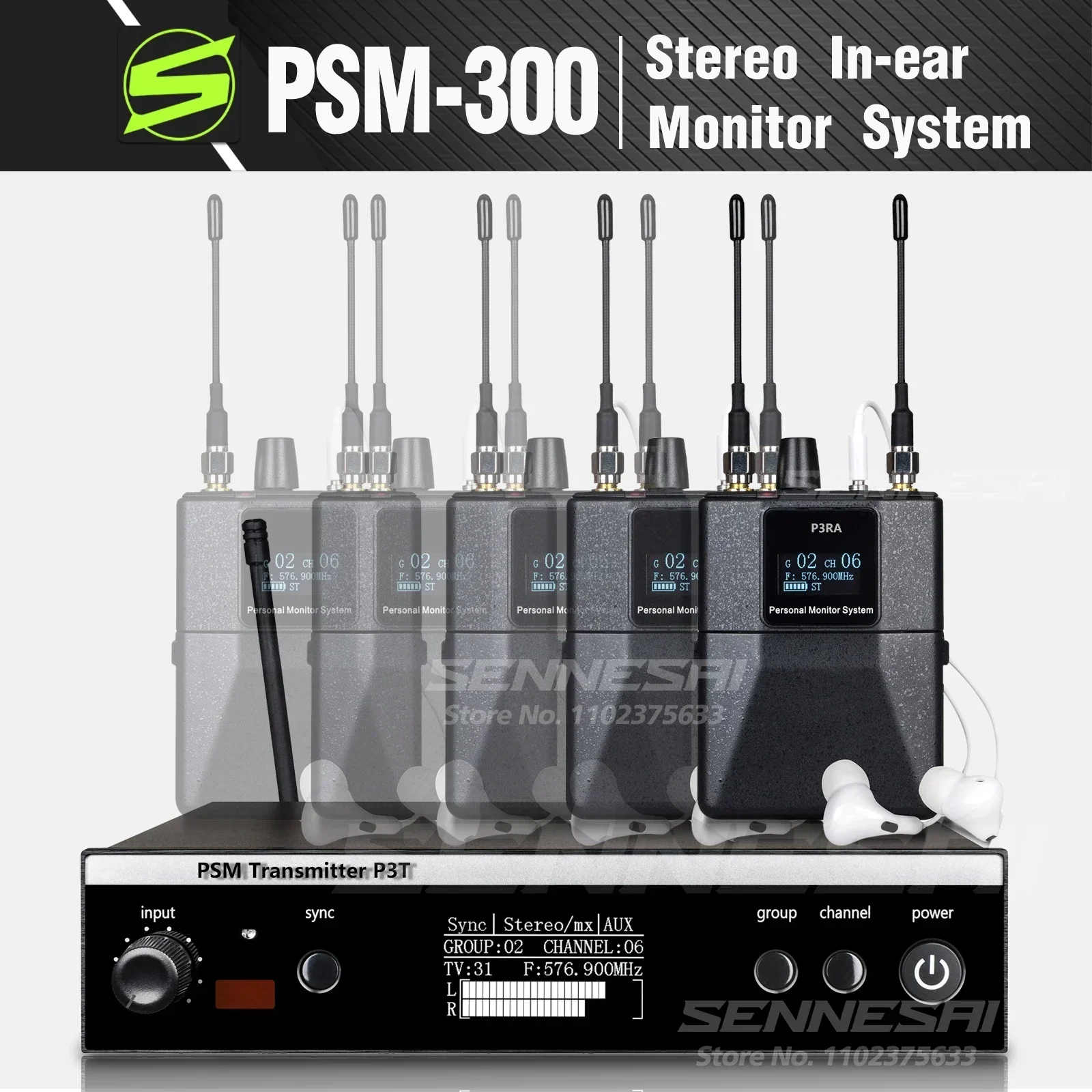 SENNESAI PSM300 스테레오 무선 UHF 인이어 모니터링 시스템, 밴드용, 500MHz, 100mW, 24 비트 디지털 DSP 프로세서 오디오