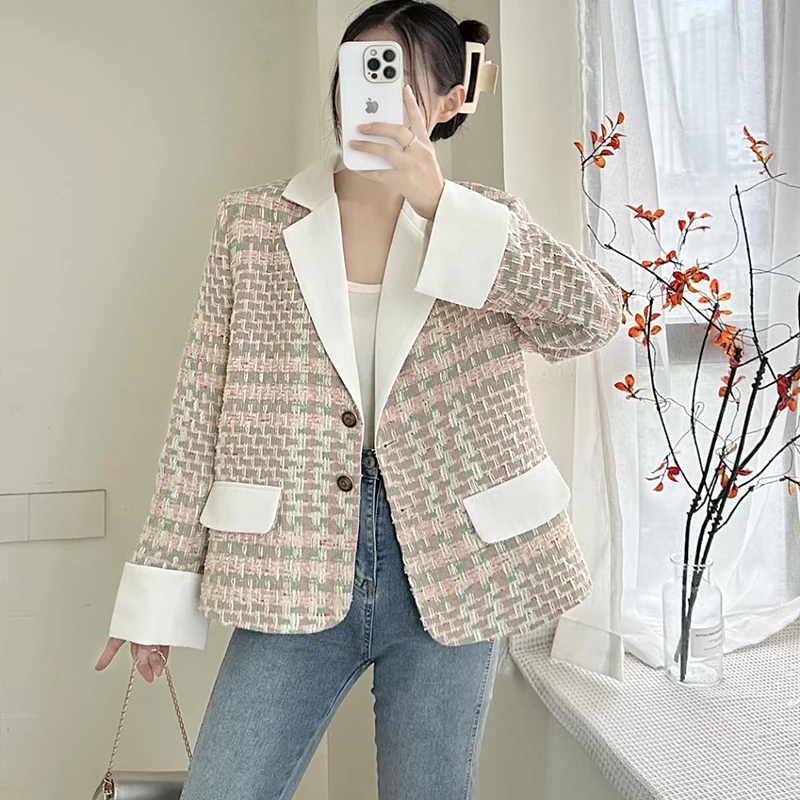 Korean Style V-neck Long Sleeve Women's Short Suit Jacket 2024 Spring and Autumn Loose Casual Age-reducing Coat Lady Suit Top