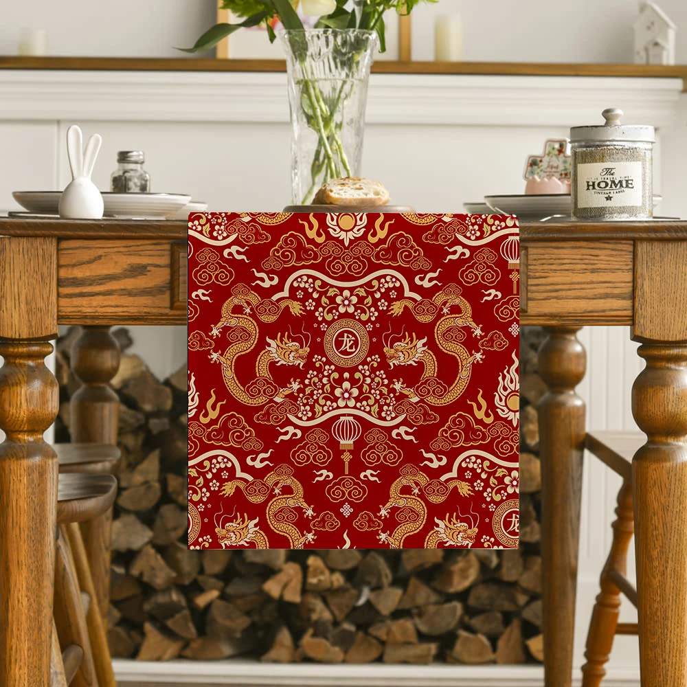 1-Piece Chinese Dragon Ethnic Style Table Runner, Reusable, Festive Celebration Atmosphere Table Runner