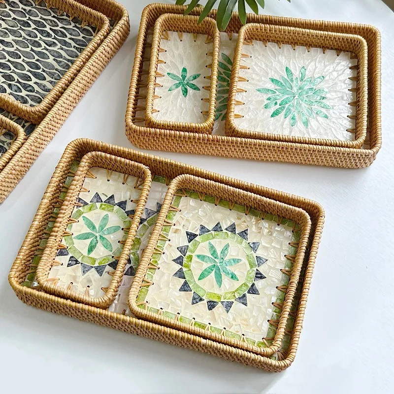 3Pcs Light Luxury Rattan Shell Tray Set Rectangular Fruit Storage Organizer for Home Living Dining Room