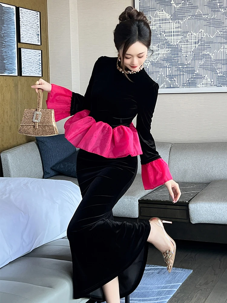 ชุดเดรสยาวสีดำ คอทรงโอ แต่งระบาย ทรงเข้ารูป สไตล์หรูหรา สำหรับผู้หญิง แฟชั่นงานปาร์ตี้ งานพรอม ชุดราตรี ชุดออกงาน  แบบใหม่