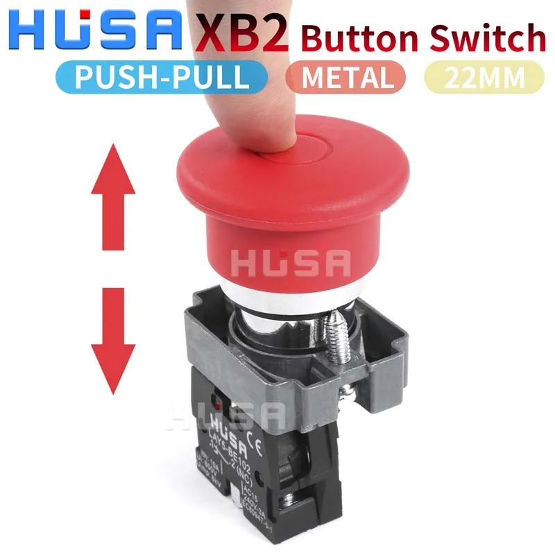 XB2 Button switch Mushroom head 22mm start 1NO NC  Momentary Push Pull Button Switch Metal Metal plastic emergency button