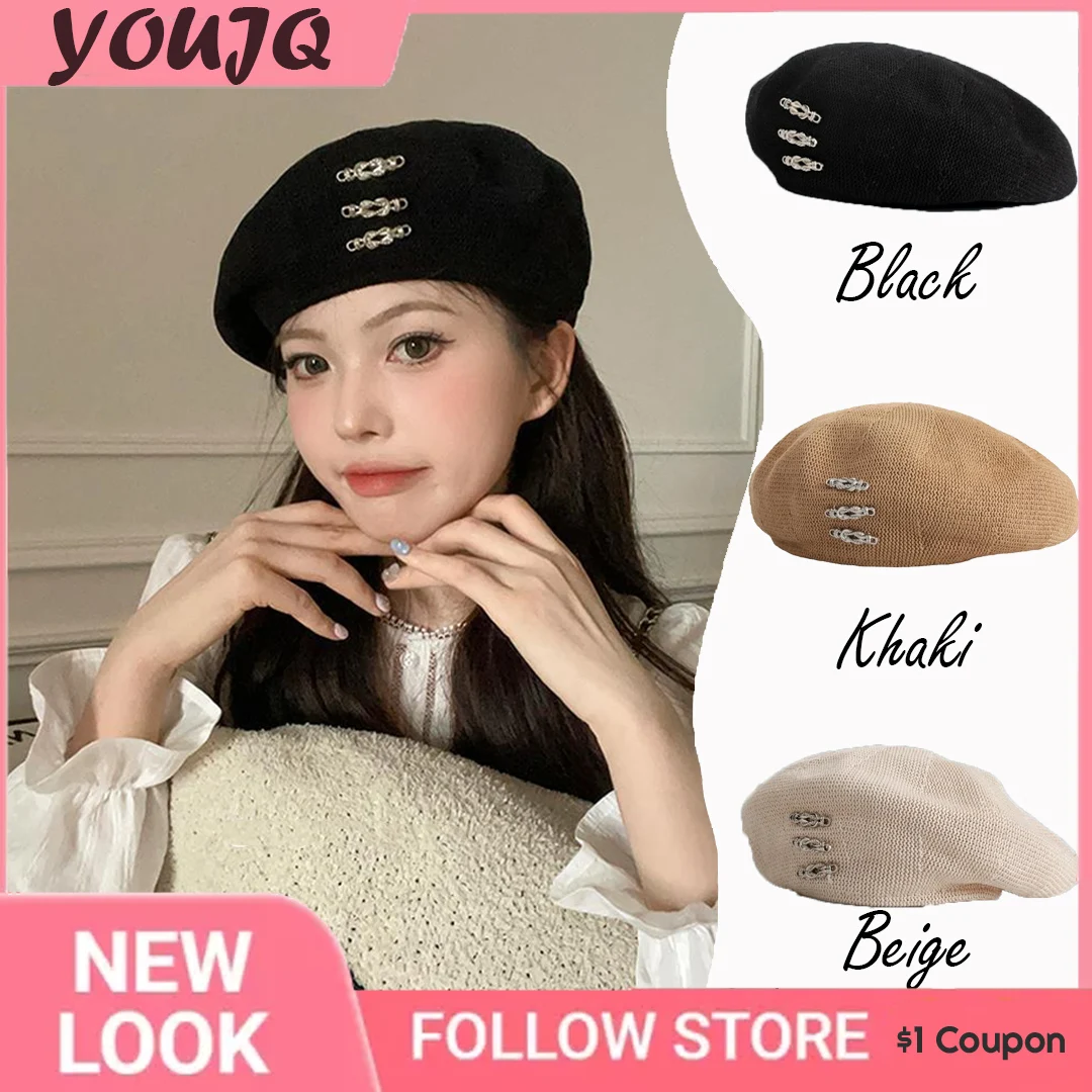 INS Fashion Girls Summer Thin Metal Buttons Design Women Retro Beanie Beret Breathable Knit Soft Artist Hat Gorra Inglesa Hombre