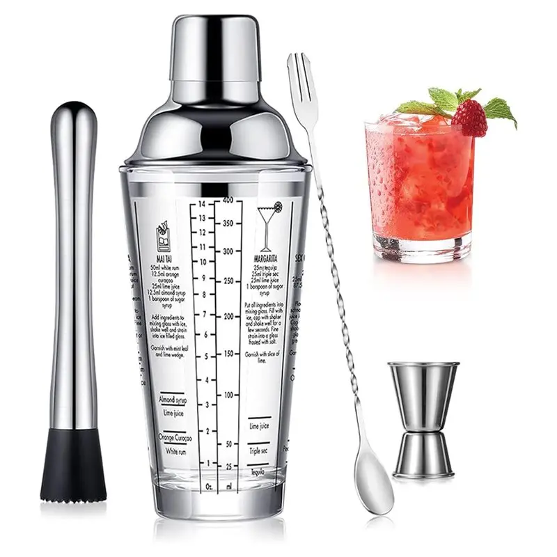 ABVS Glass Material 400Ml Mixed Drink Shaker With Leak-Proof Stainless Steel Lid Boston Cocktail Shaker Includes Jigger Bar Tool