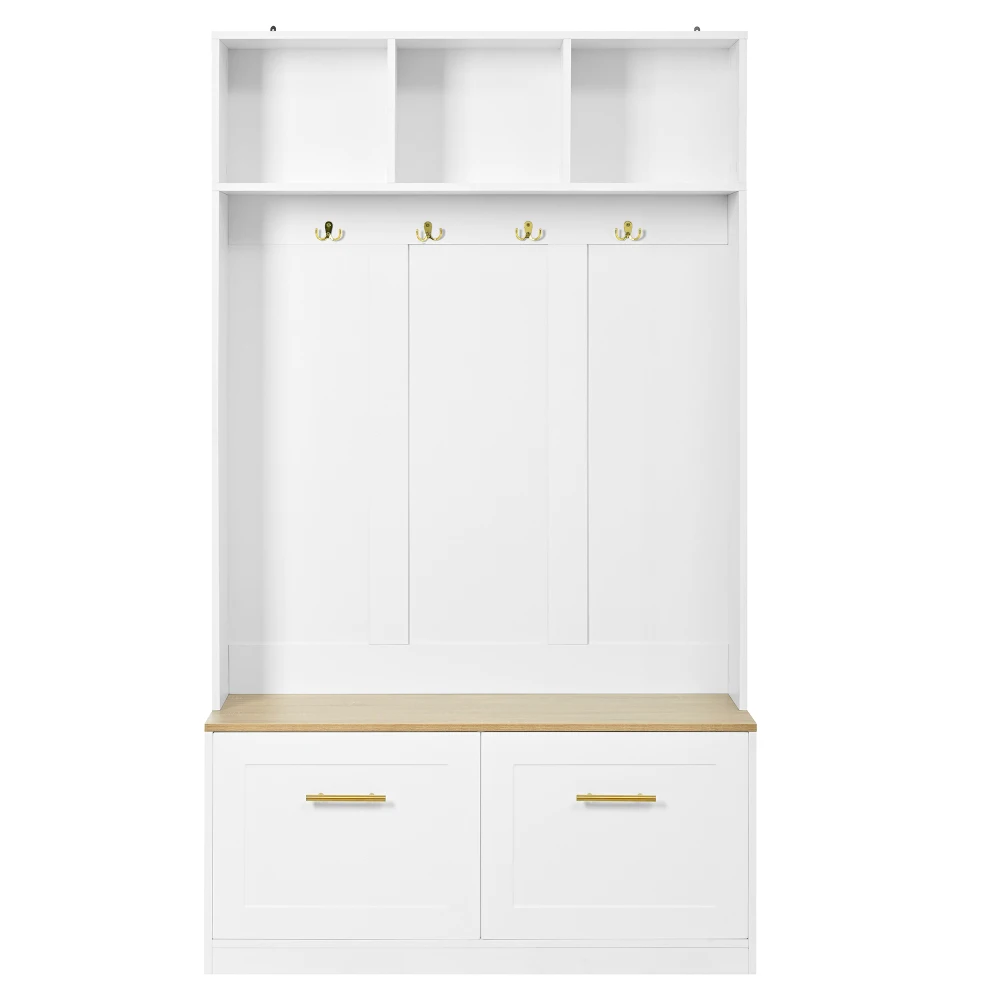 PINGGO Naturweißes Kompaktes Kleiderschrank-Set mit Sitzbank 2 Türen Offene Aufbewahrung 4 Haken 105x40x180cm – Detail 10
