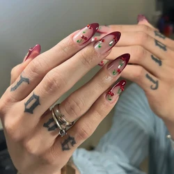 French 10Pcs Handmade Manicure Medium Almond Fake Nails Cute Cherry Limited Press On Nails Design with Adhesive Nail File Set