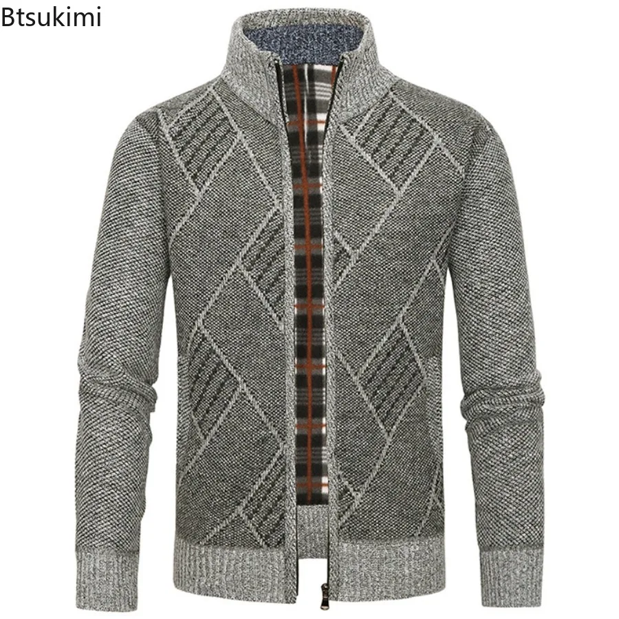 

Новый мужской вязаный свитер, кардиган, осенне-зимний утолщенный воротник-стойка на флисовой подкладке, свободная посадка, повседневная верхняя одежда, куртки мужские