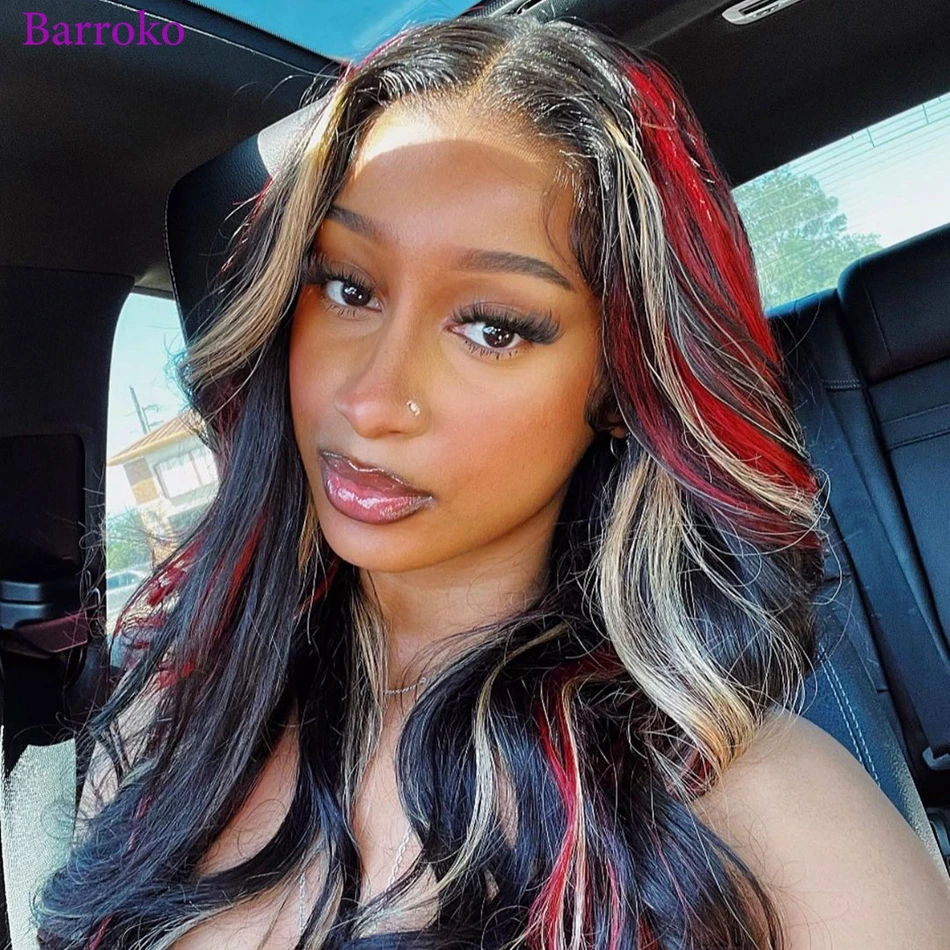 

Barroko 1B Blonde Red Highlight Colored Wig 13X6 Body Wave Transparent Lace Frontal Wigs Human Hair Pre Plucked Hair For women