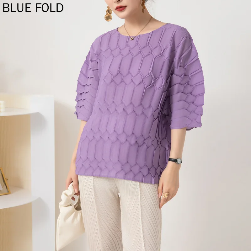 

Miyake Pleated Round Neck T-shirt Women's Summer New Fashion Large Size Handmade Pleated Top Crop Blusas Ropa Mujer Blusa
