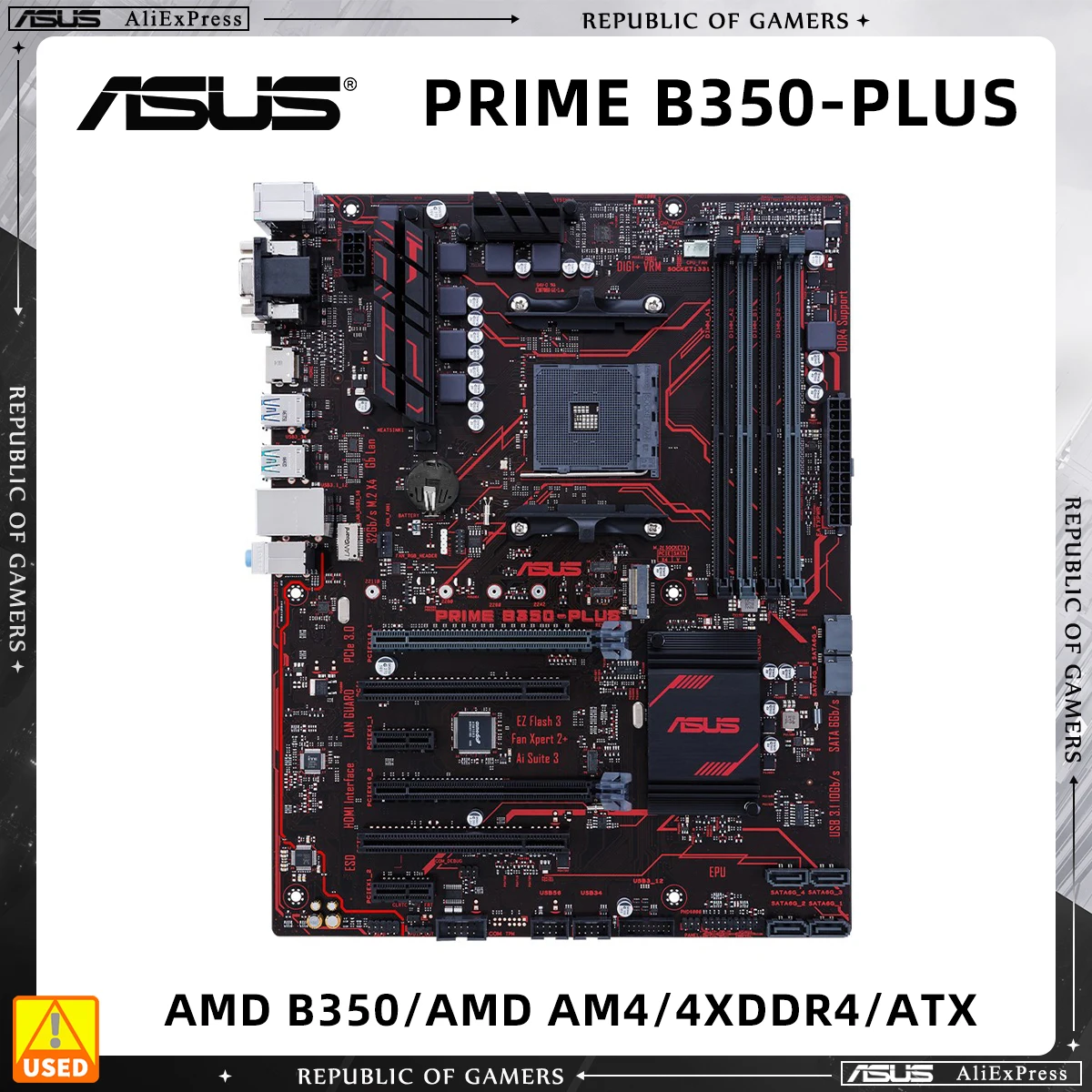 Used Motherboard, ASUS PRIME B350-PLUS, B350 Chipset, AM4 Socket for 1st Gen Ryzen Processors, ATX Form Factor, 4 DDR4 RAM Slots