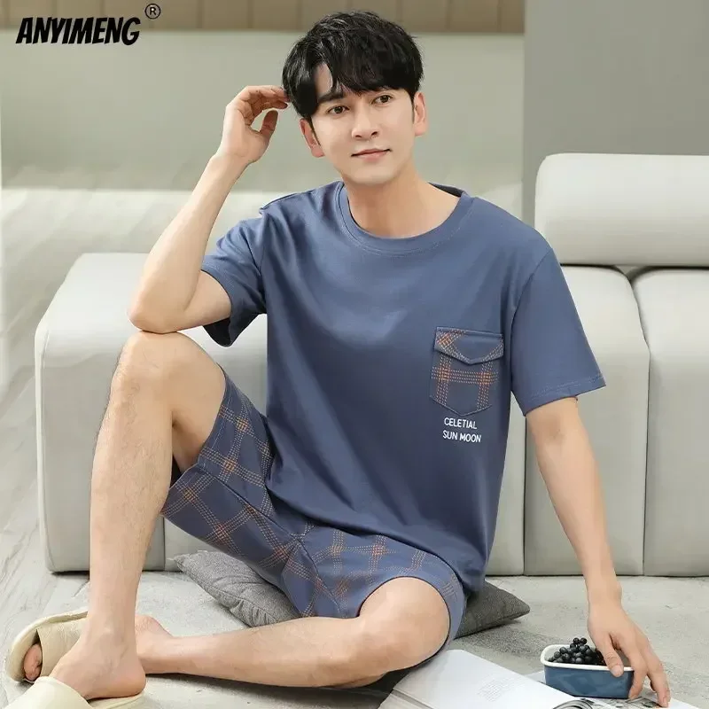 Big Size L-5XL Elegant Mens Sleepwear Summer Cotton Short Sleeves Pajamas Set Casual Loungewear for Man Pullover Leisure Pijamas