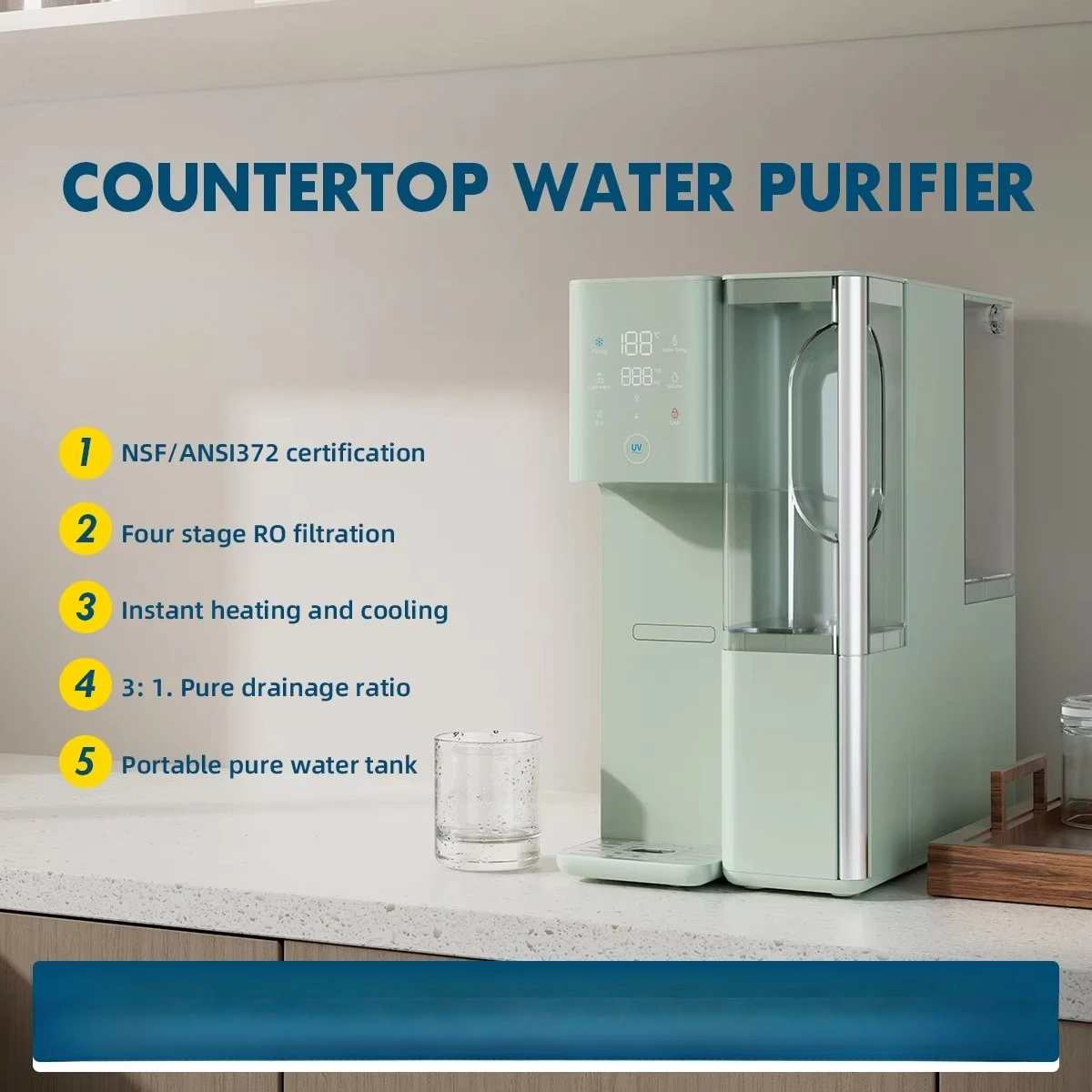 Water Filter System for Home Countertop Reverse Osmosis Water Purifier and Dispenser with Plastic Tank for Countertop Household