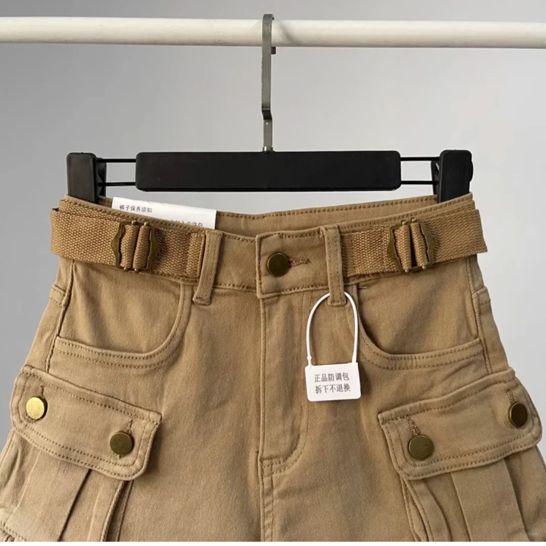 Khaki Denim Shorts High Waisted Slim Fit Multiple Pockets Elastic Wide Leg A-line Straight Leg Hot Pants 2025 Summer New Style